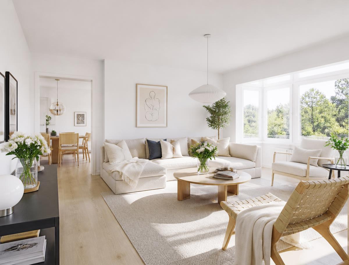 A bright, modern living room with clean white surfaces and soft natural light